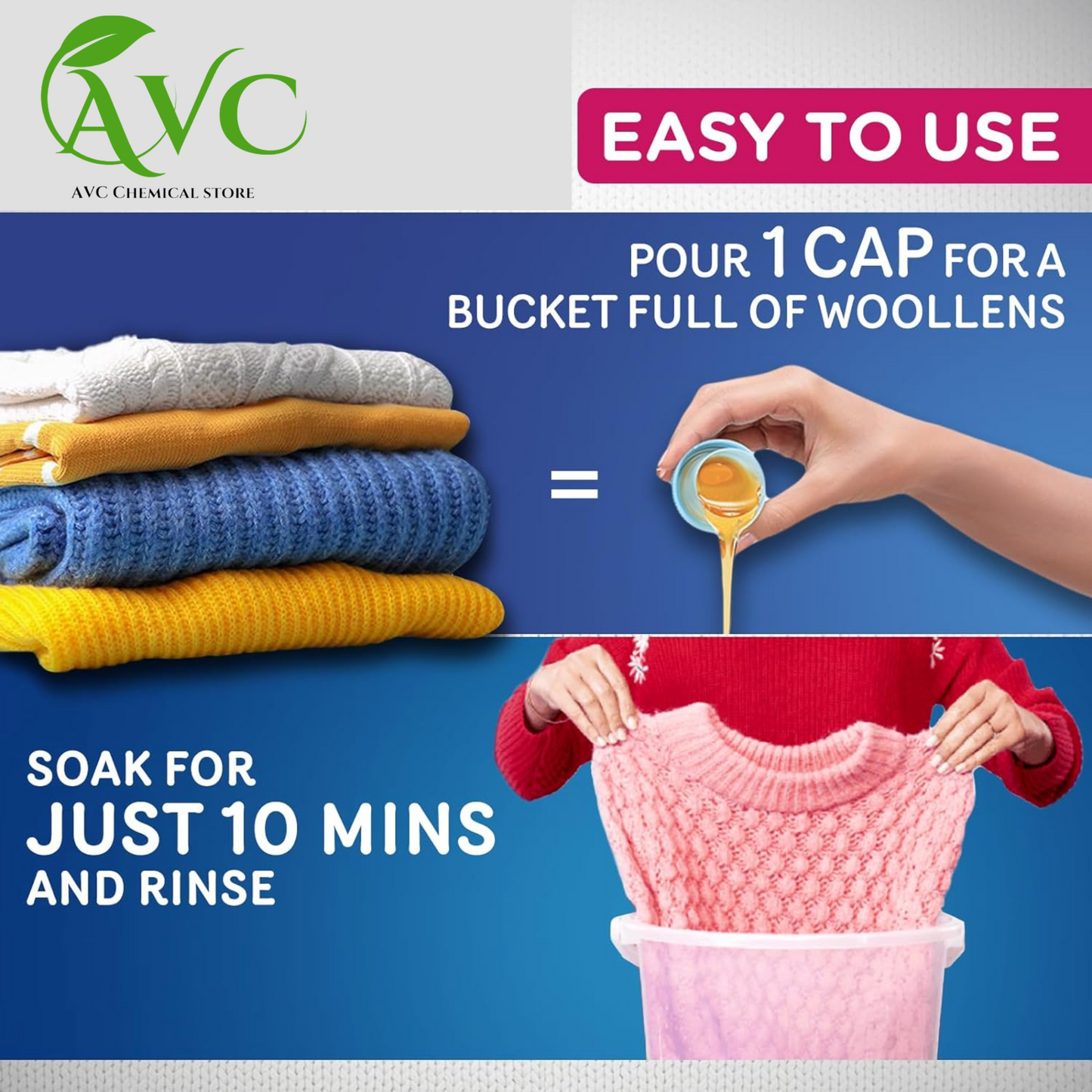Gentle Care for Delicate Fibers: AVC Liquid Woolen ensures softness with easy use for wool garments (Pack of 2 x 500ml).