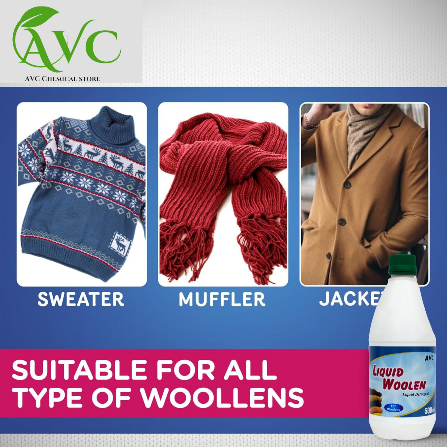 Gentle Care for Delicate Fibers: AVC Liquid Woolen, perfect for sweaters, mufflers, and jackets. Pack of 2, 500ml each.