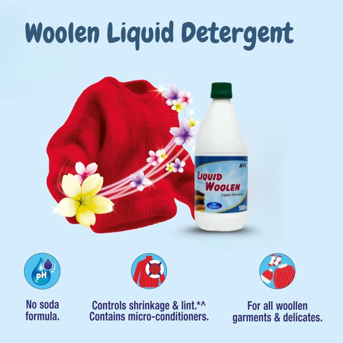 AVC Liquid Woolen Detergent 500ml | Gentle Fabric Wash for Woolen Clothes | Mild Laundry Liquid for Sweaters, Shawls & Delicates | Hand & Machine Wash | Color Protection Formula