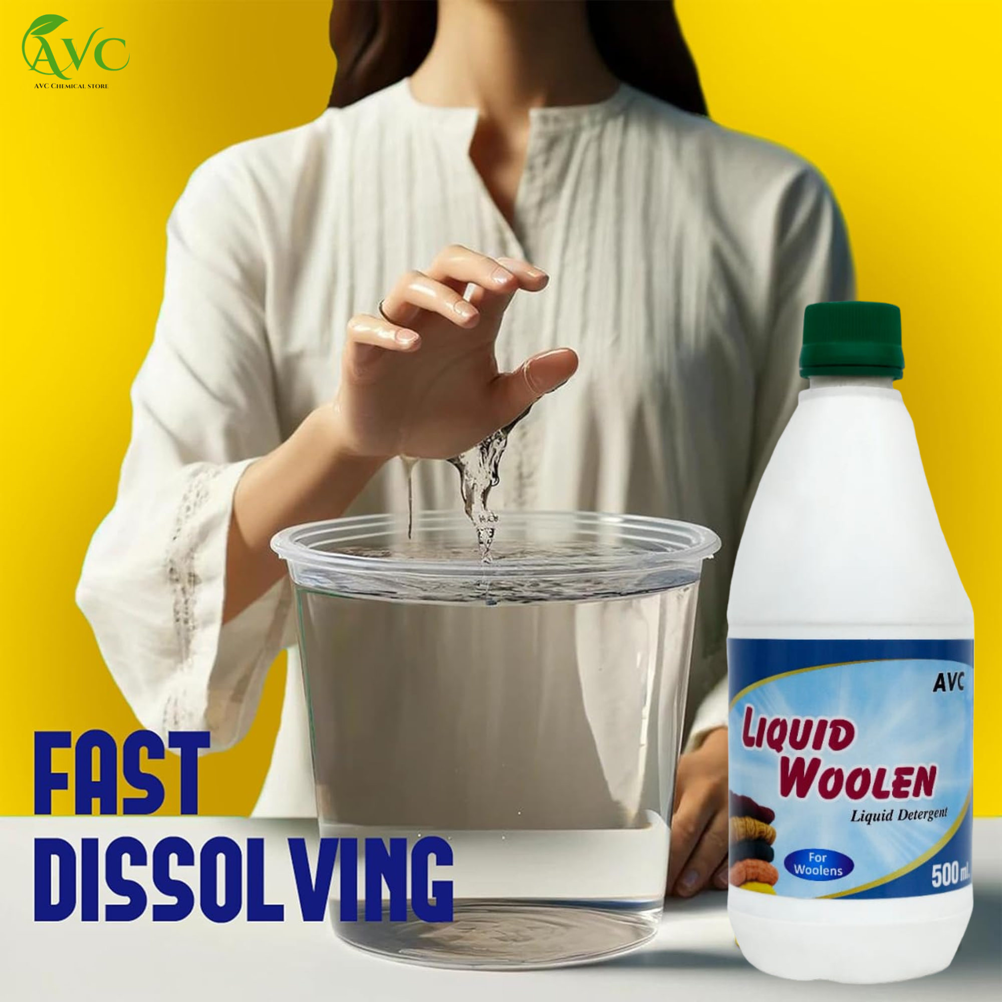 Gentle Care for Delicate Fibers: AVC Liquid Woolen dissolving in water, nurturing softness and brilliant care.