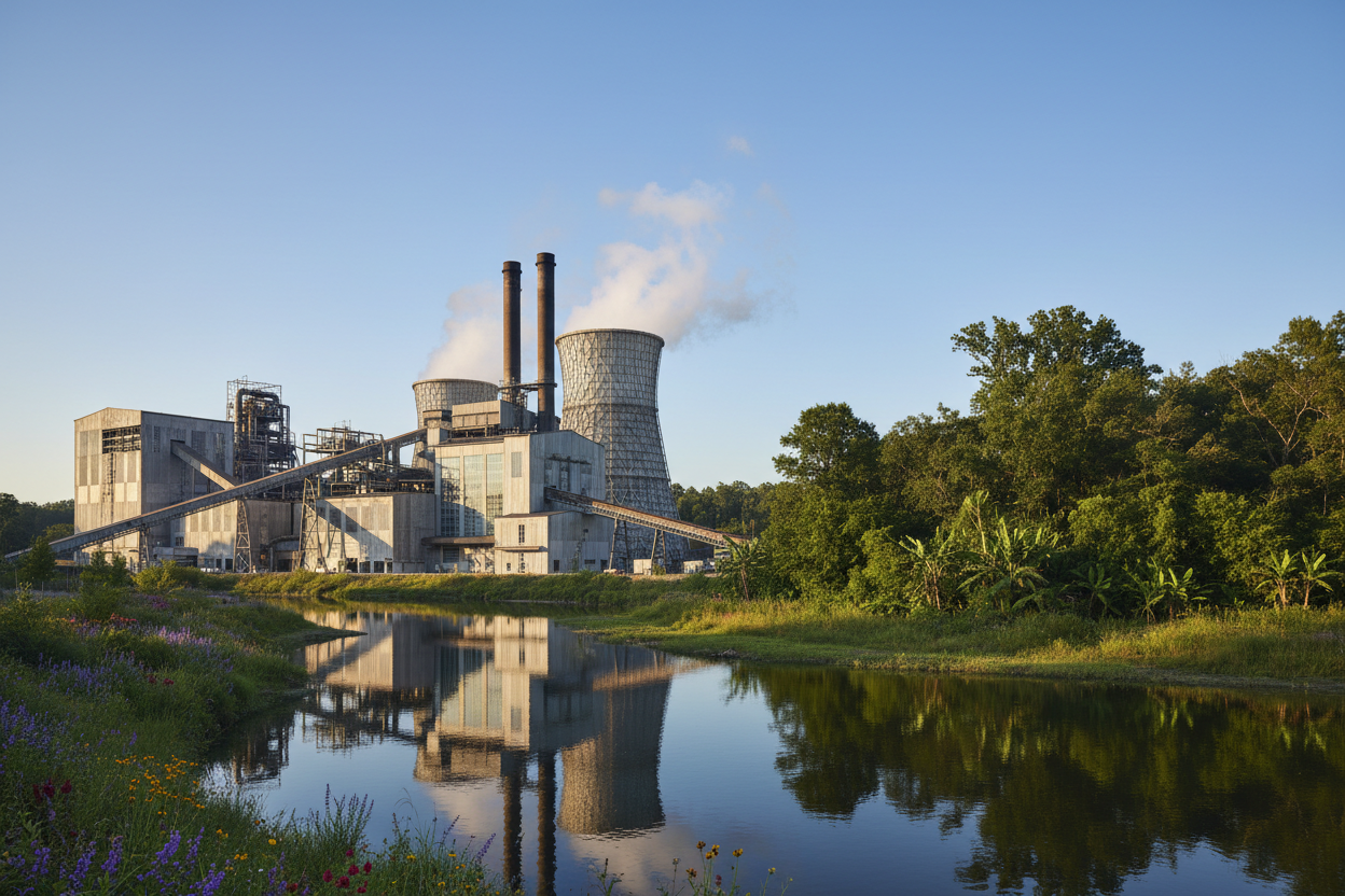 A factory with a power plant and green plant in the background
